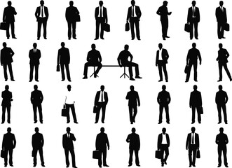 Collection of diverse business people standing and sitting in silhouette representing various professional activities and styles