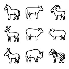 Fototapeta premium Hoofed Animals Icon Set. Outline icon set of hoof-related animals: horse, cow, goat, deer, sheep, pig, donkey, bison, zebra. Line