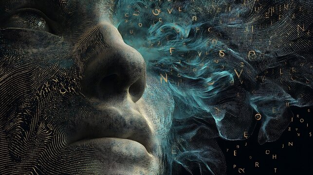 surreal face with echoing waveforms spiraling from the mind, floating thoughts as luminous letters and sound ripples, abstract conceptual design  - Powered by Adobe