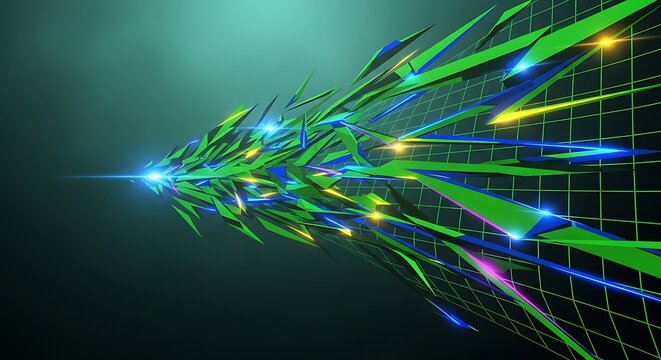 Abstract Green Geometric Shapes Exploding Forward Through Digital Grid with Light Streaks - Powered by Adobe