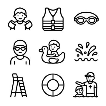 Swimming Gear Icons. Outline icon set of kids swimming: floaties, swim vest, goggles, swim cap, pool toy, splash, lifeguard chair,