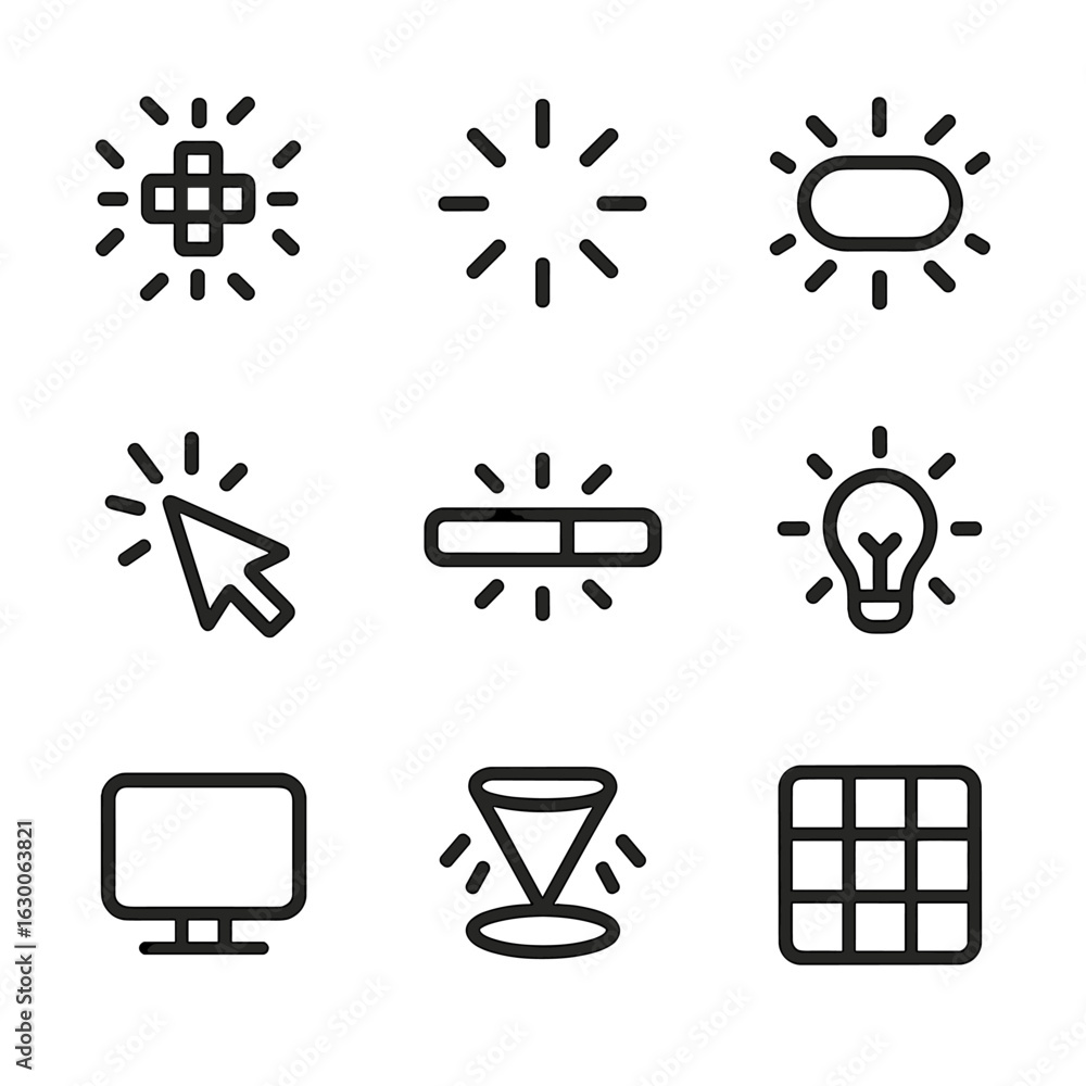 Poster digital glow icon set. outline icon set of digital glow: pixel glow, loading spinner, glowing button
