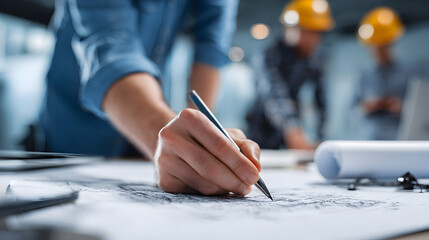 Close-up of engineer’s hands sketching on blueprints with colleagues pointing, clean office desk