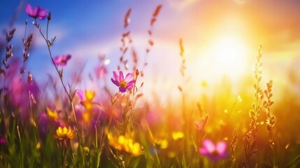 Naklejka premium Colorful wildflowers bloom in a sunlit field during early evening hours