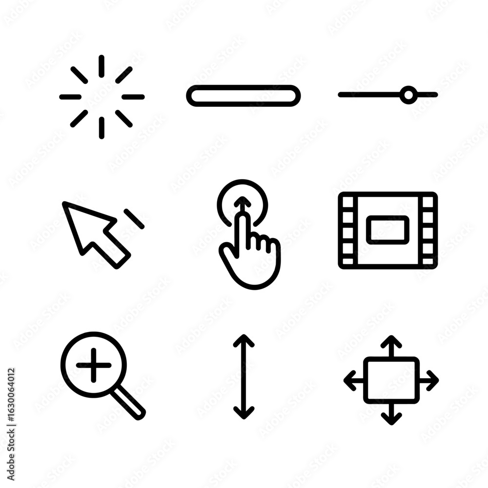 Poster digital motion icons. outline icon set of digital motion: loading spinner, progress bar, slider, cur