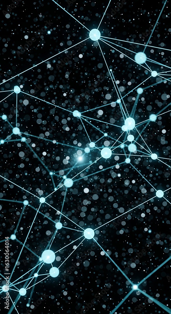 Poster abstract network connections of glowing orbs on a dark cosmic background with tiny stars