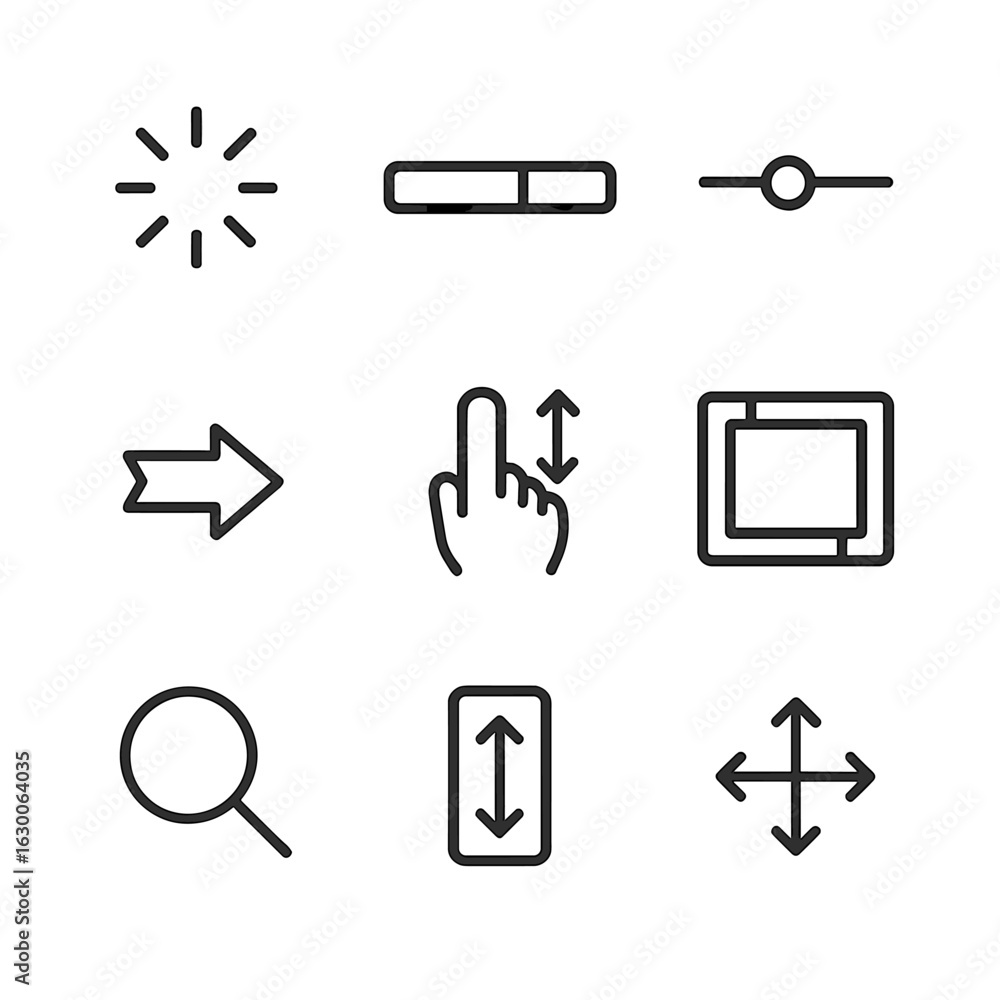 Poster digital motion icons. outline icon set of digital motion: loading spinner, progress bar, slider, cur