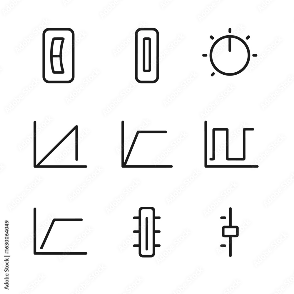 Poster synth control icons. outline icon set of synth controls: pitch bend wheel, modulation wheel, filter 