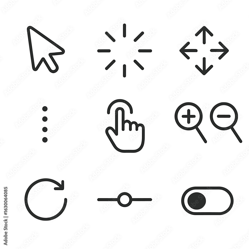 Poster digital movement icons. outline icon set of digital movement: cursor pointer, loading spinner, scrol