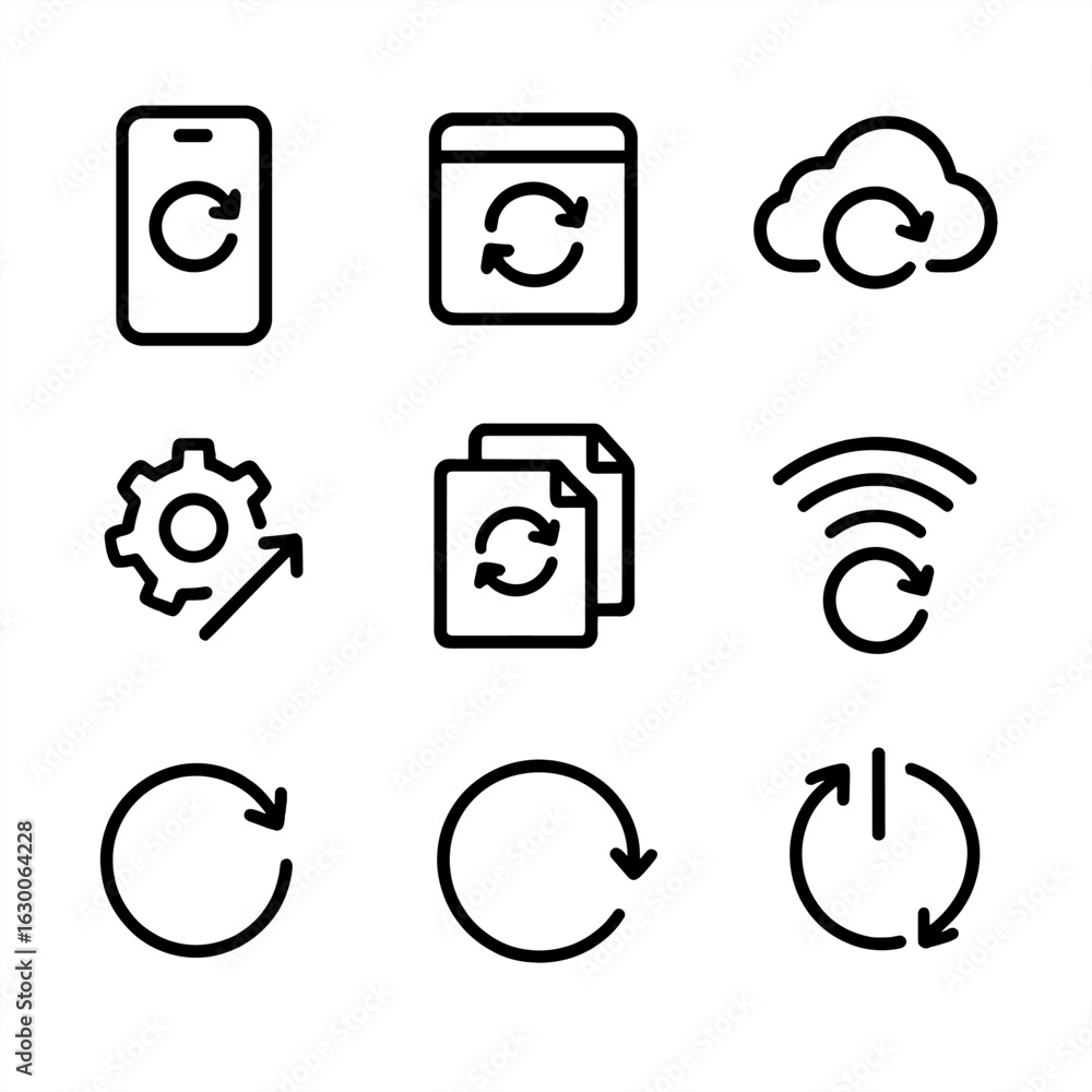 Poster digital refresh icons. outline icon set of refresh digital life: smartphone reboot, app refresh, clo