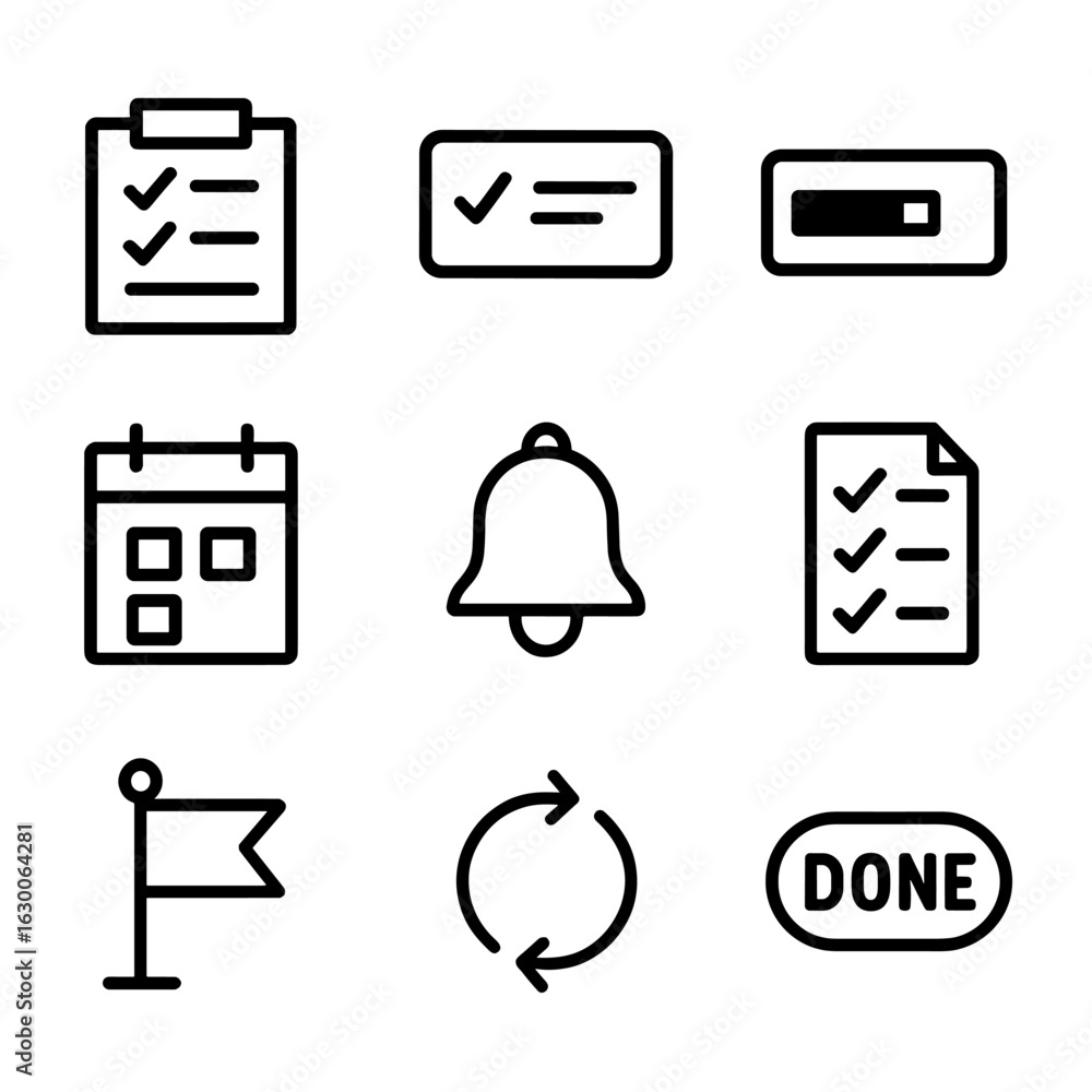 Poster task management icons. outline icon set of task management: checklist board, task card, progress bar