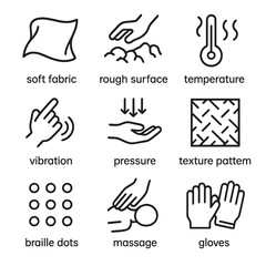 Fototapeta premium Tactile Sensation Icons. Outline icon set of tactile sensations: soft fabric, rough surface, temperature, vibration, pressure,