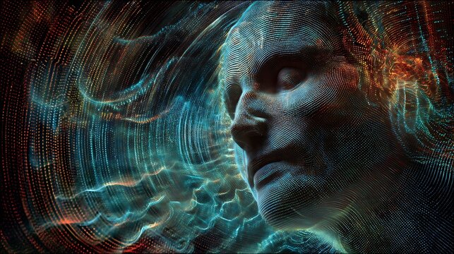 abstract surreal head surrounded by oscillating frequencies, whispering echoes forming wave rings, glow-in-the-dark thought patterns, conceptual sound art 