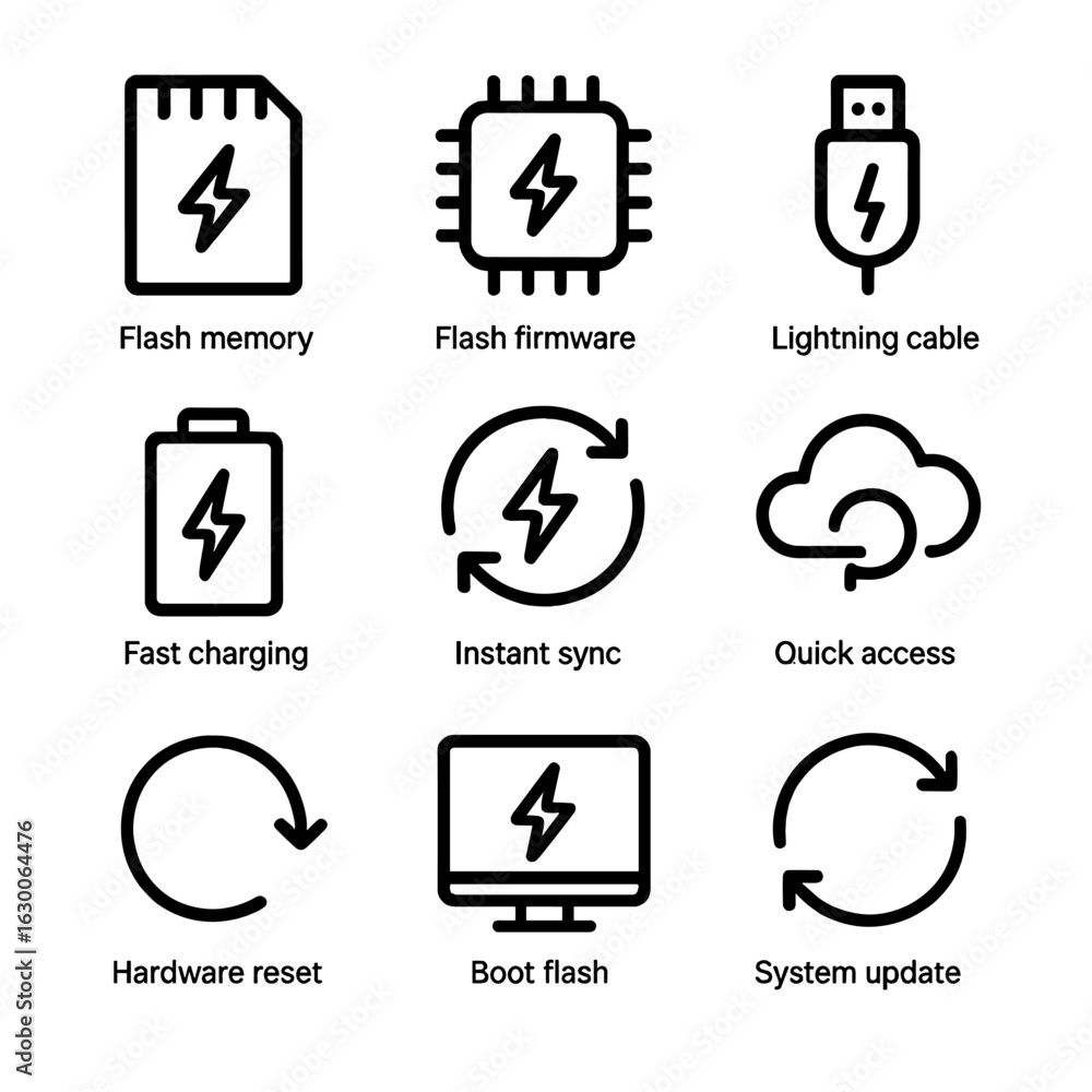 Poster tech and vision icons. outline icon set of flash in technology: flash memory, flash firmware, lightn