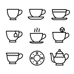 Fototapeta premium Teacup Icon Collection. Outline icon set of teacup and saucer: classic teacup, teacup on saucer, filled teacup, teabag in teacup,