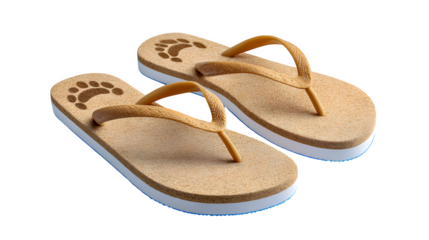 Sandals with subtle sandy texture under sole, mimicking a beach footprint effect, white background,