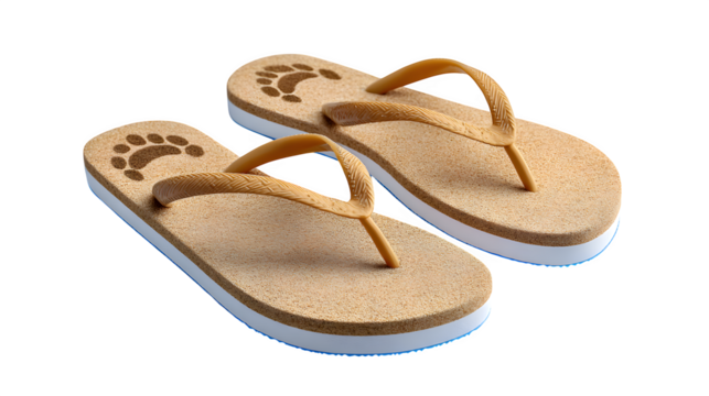 Sandals with subtle sandy texture under sole, mimicking a beach footprint effect, white background,
