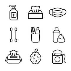 Hygiene Icon Set. Outline icon set of personal hygiene: hand sanitizer, tissue box, face mask, cotton swabs, toothbrush holder,