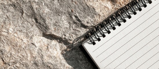 Lined notebook corner rests on a textured, rough rock surface, sunlit