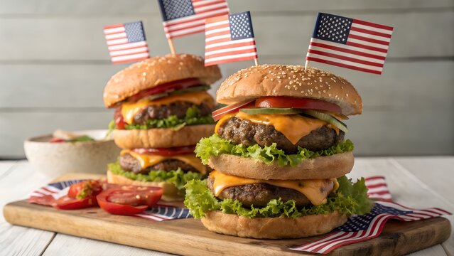 Delicious burgers topped with American flags. perfect for celebrations & gatherings.