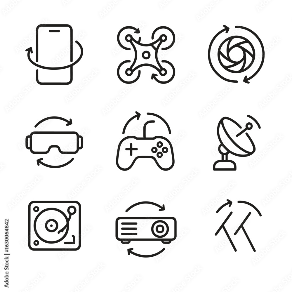 Poster technology rotation icons. outline icon set of rotation in technology: smartphone screen rotation, d