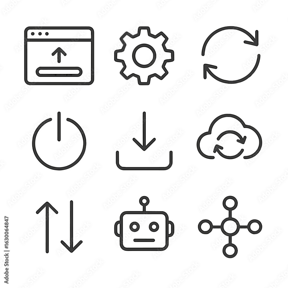 Poster technology icons set. outline icon set of change in technology: software update, settings gear, refr
