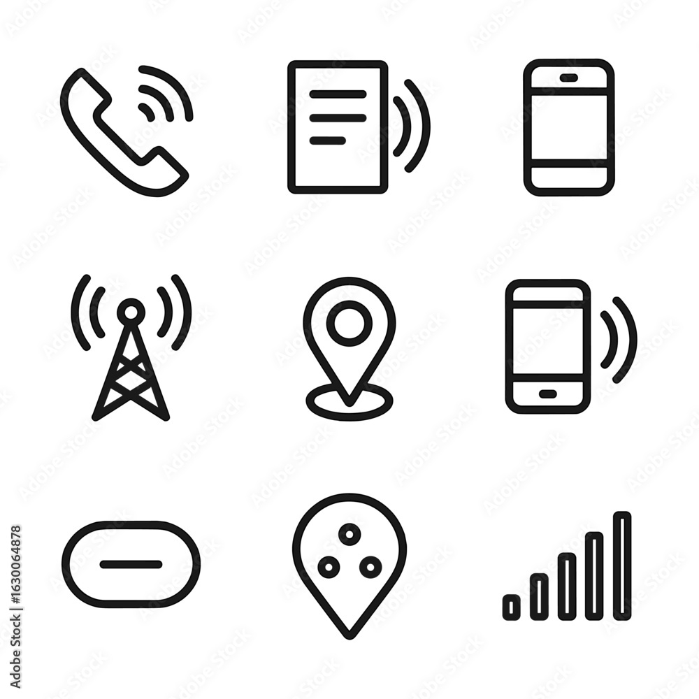Poster telecom paging icon set. outline icon set of telecom paging channel: paging request icon, broadcast 