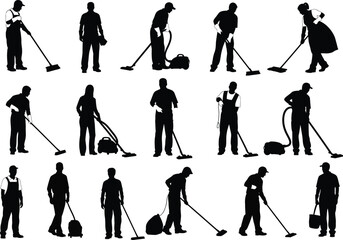 Naklejka premium Collection of silhouetted figures engaged in various cleaning activities with vacuum cleaners and mops