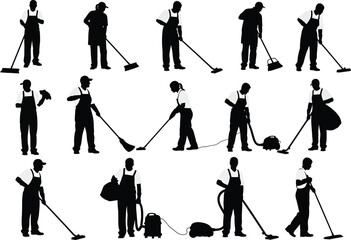 Obraz premium Collection of silhouettes of people engaged in various cleaning activities with mops and vacuum cleaners