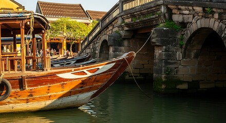 Obraz premium Wooden boat moored near a historic stone bridge, showcasing architectural details and water reflections.