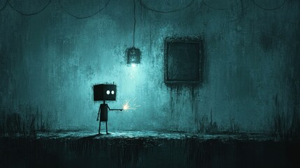 In the hallway, a repair robot stands in front of a cracked wall panel. His hands move methodically as he works, and sparks fly out from a flashlight that illuminates the dark corners of the ship.