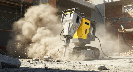 Obraz premium Hydraulic Breaker Demolishing Concrete at Construction Site Creating Dust