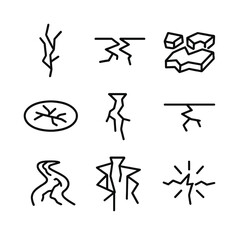 Ice Crack Icon Set. Outline icon set of crack in ice: ice fissure, frozen lake crack, ice break, cracking glacier, fracture line,