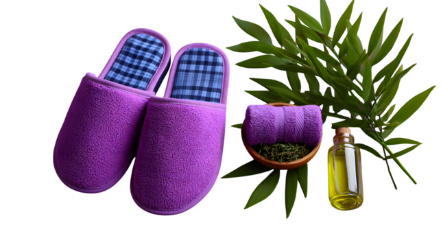Simple foam slippers with spa towel and essential oils, home spa theme, isolated,
