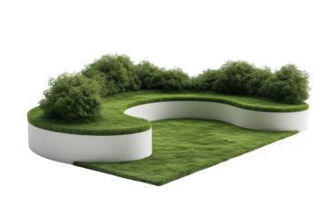 Curved planters filled with lush greenery, set within a grassy area