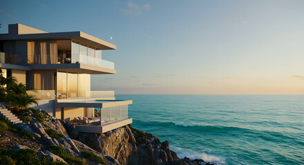Obraz premium Modern ocean view villa architecture luxury coastal home design real estate property investment dream house