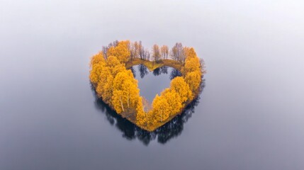 Obraz premium Beautiful heart-shaped island adorned with autumn trees in a tranquil lake