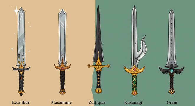 Fantasy Sword Collection: Five Legendary Blades,  Ornate Design,  Game Asset,  Magical,  Illustrative Style.