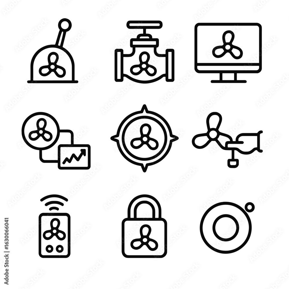 Poster thruster control icons. outline icon set of thruster control systems: throttle, valve actuator, cont
