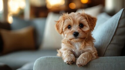 Small fluffy puppy dog with soft fur resting on cozy couch in living room, adorable domestic pet animal with brown eyes, playful and friendly companion relaxing indoors comfortably - Powered by Adobe