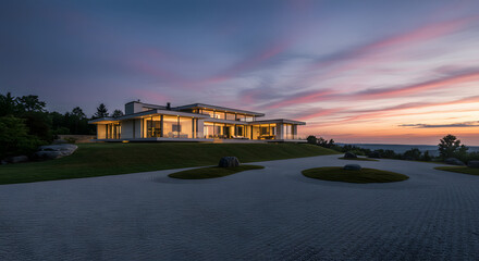 Modern house architecture design luxury home exterior real estate property sunset sky beautiful landscape view