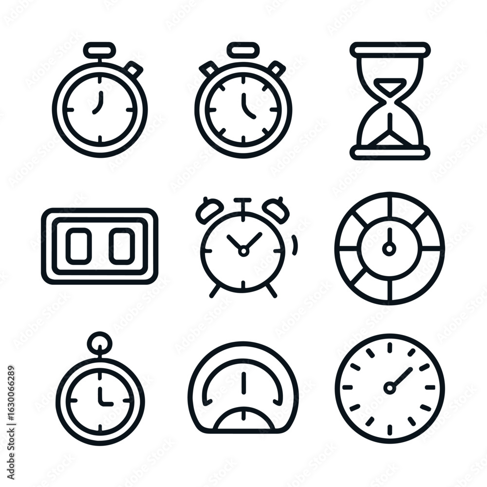 Poster time tool icons. outline icon set of time tracking tools: stopwatch, timer clock, hourglass, countdo