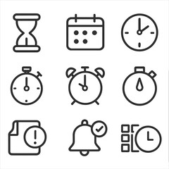 Time Management Icons. Outline icon set of time management: hourglass, calendar, clock, stopwatch, alarm, timer, deadline,