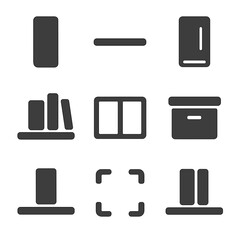 Minimalist Bookshelf Icons. Solid, filled icons set of minimalist bookshelf layout: single book, blank shelf