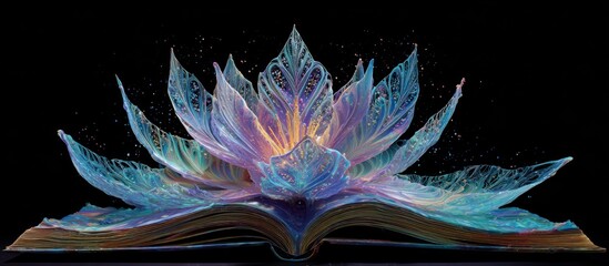 Open book with ornate iridescent flower blooms, black backdrop, magical
