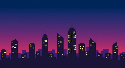 Stylish Cityscape Silhouette at Twilight:  Vibrant Purple and Blue Gradient Background.