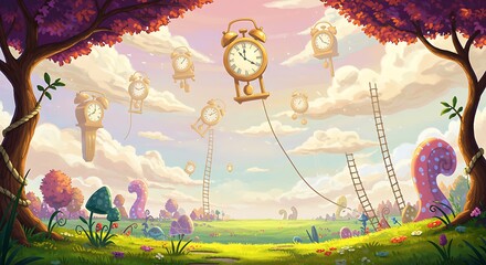 Whimsical Fantasy Landscape: Floating Clocks, Ladders, and Colorful Mushrooms in a Dreamlike Setting.