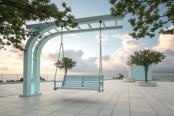 Light blue swing set under arched frame bench chain