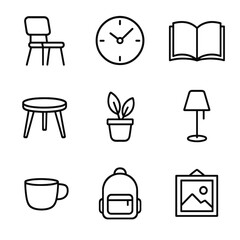 Minimalist Icon Set. Outline icon set of minimalist lifestyle: simple chair, clock, open book, small table,