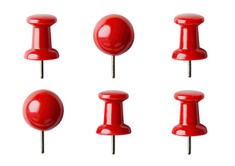 Close-up view of six red push pins.  Each pin is a glossy, bright red color.  They are arranged in a grid pattern on a black background